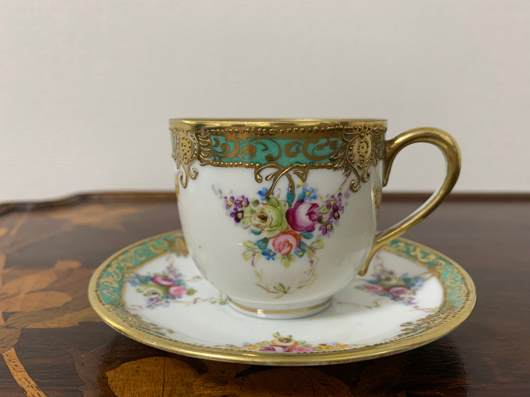 オールドノリタケ初期のマルキ印作品　ピンクローズのブルームのカップ＆ソーサー