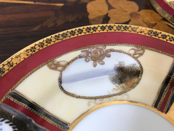 オールドノリタケ　茜色と風景が描かれたアールヌーボー紋様カップ＆ソーサーとプレートセット