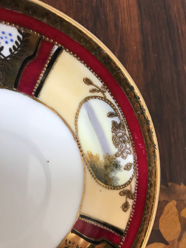 オールドノリタケ　茜色と風景が描かれたアールヌーボー紋様カップ＆ソーサーとプレートセット