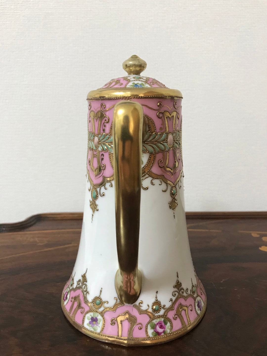 オールドノリタケ 金盛上 ピンクローズとターコイズジュエルの コーヒーポット