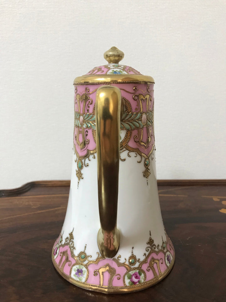 オールドノリタケ 金盛上 ピンクローズとターコイズジュエルの コーヒーポット