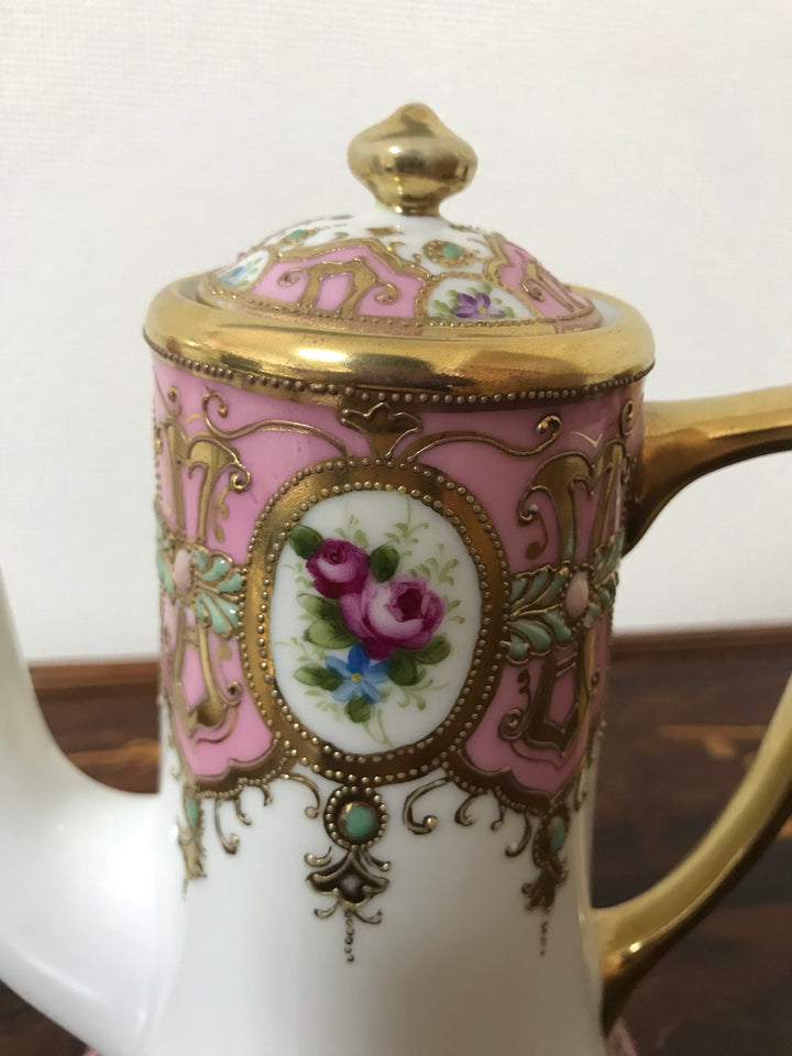 オールドノリタケ 金盛上 ピンクローズとターコイズジュエルの コーヒーポット