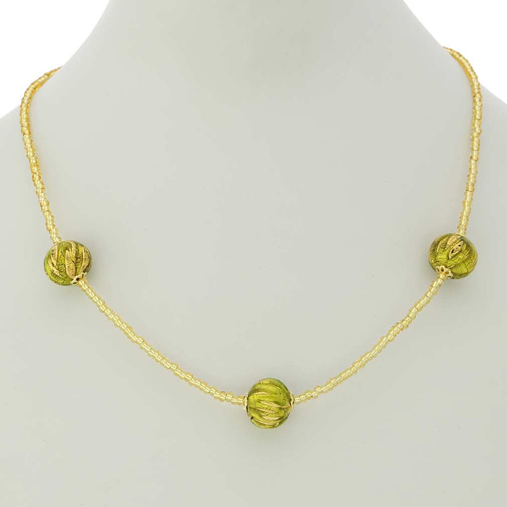 ベネチアングラス　ネックレス　ムラーノ　ロイヤル  ハーブグリーン　ボールネックレス