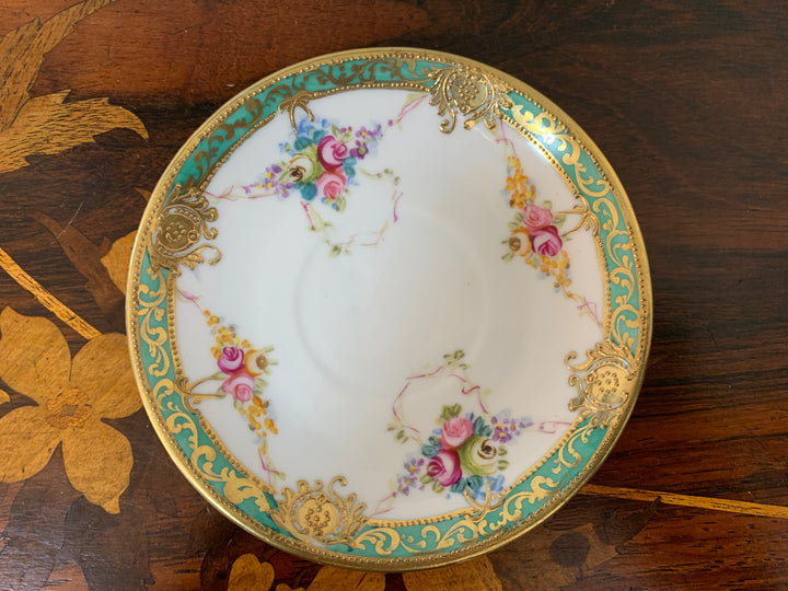 オールドノリタケ初期のマルキ印作品　ピンクローズのブルームのカップ＆ソーサー