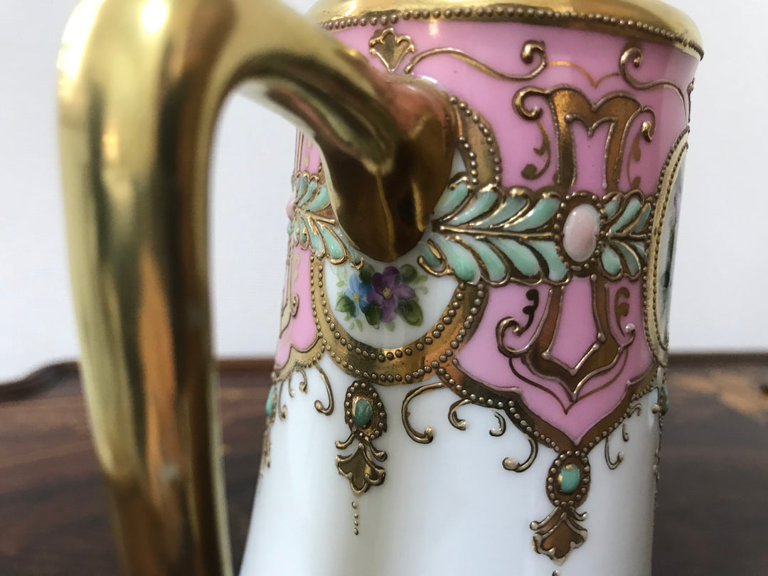 オールドノリタケ 金盛上 ピンクローズとターコイズジュエルの コーヒーポット