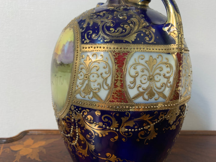 オールドノリタケ　コバルト地にスワン「白鳥」が描かれた花瓶