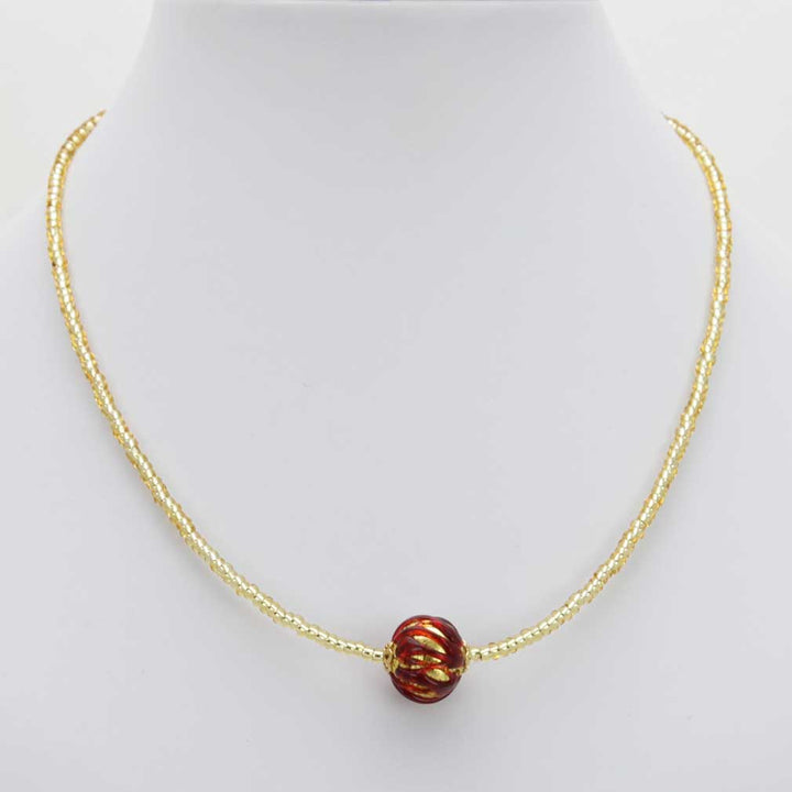 ベネチアングラス　ネックレス　ムラーノ　ロイヤル  レッド　ボールネックレス