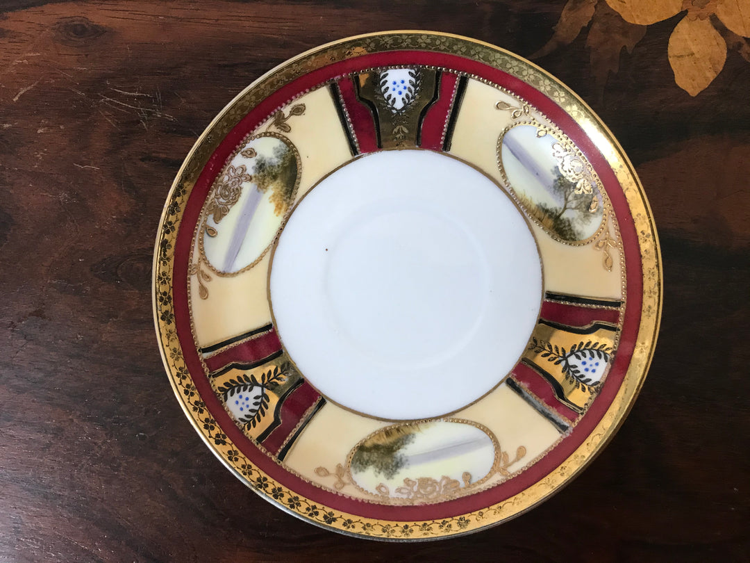 オールドノリタケ　茜色と風景が描かれたアールヌーボー紋様カップ＆ソーサーとプレートセット