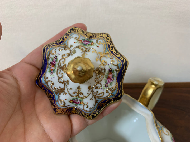 オールドノリタケ　ピンクローズとコバルト金彩お一人様ティーセット