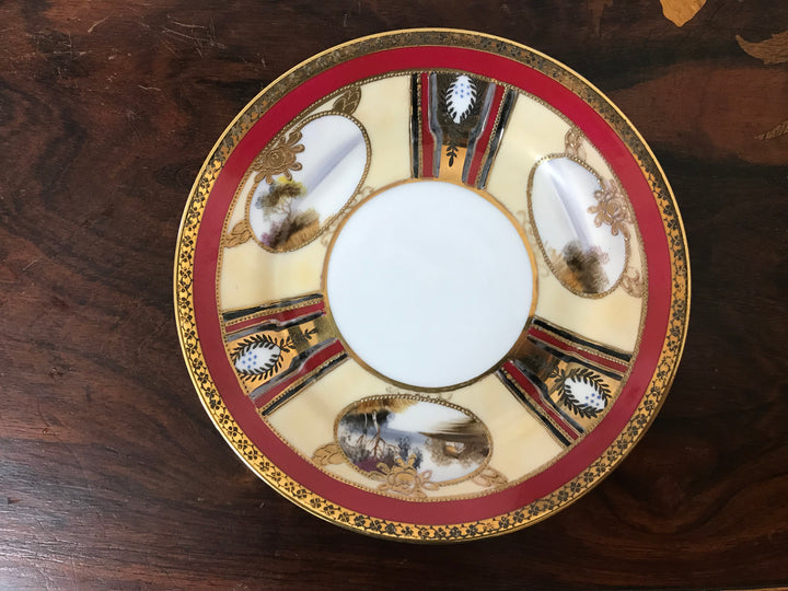 オールドノリタケ　茜色と風景が描かれたアールヌーボー紋様カップ＆ソーサーとプレートセット