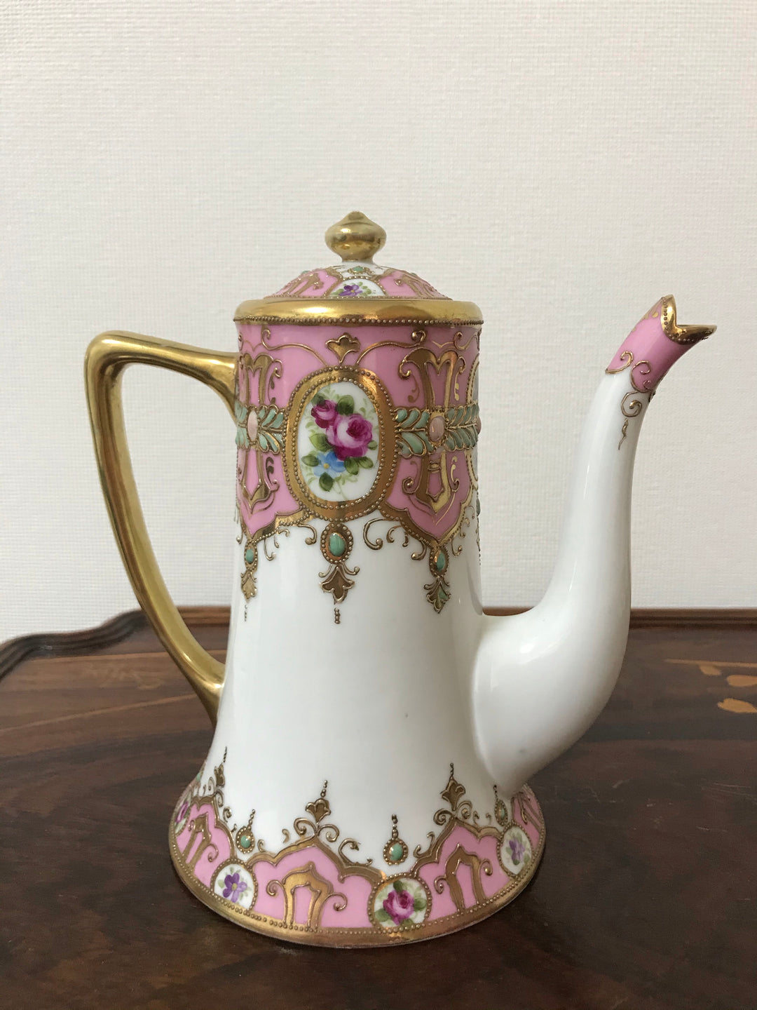 オールドノリタケ 金盛上 ピンクローズとターコイズジュエルの コーヒーポット