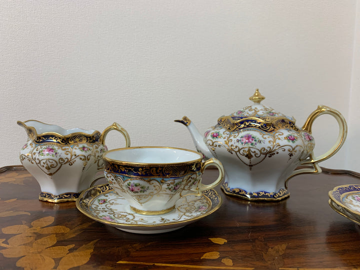 オールドノリタケ　ピンクローズとコバルト金彩お一人様ティーセット