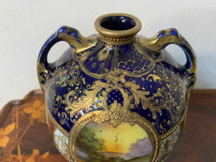 オールドノリタケ　コバルト地にスワン「白鳥」が描かれた花瓶