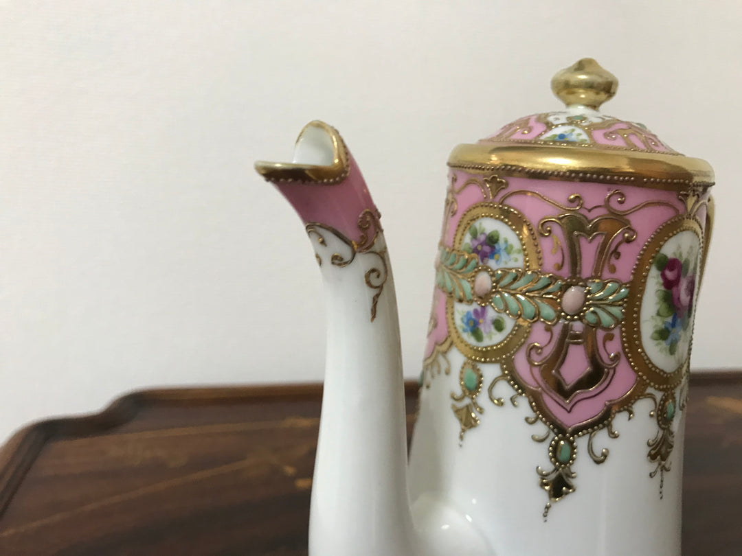 オールドノリタケ 金盛上 ピンクローズとターコイズジュエルの コーヒーポット