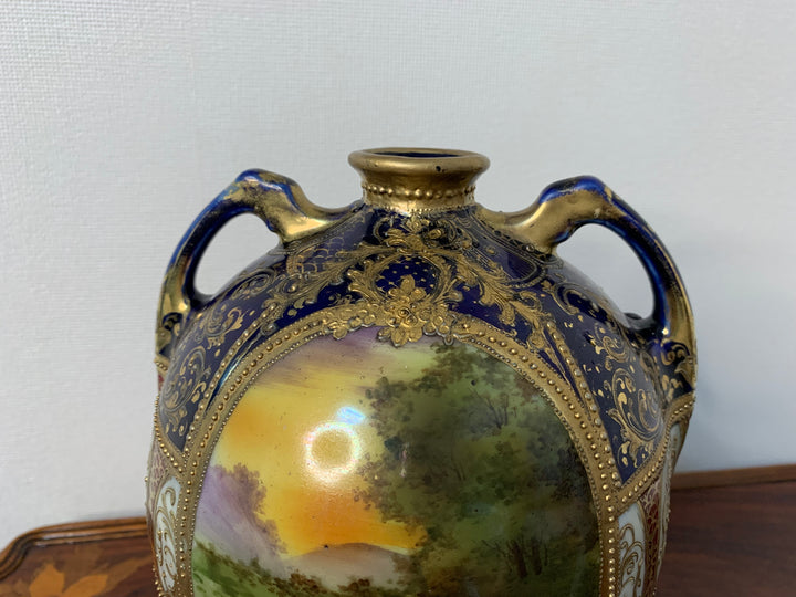 オールドノリタケ　コバルト地にスワン「白鳥」が描かれた花瓶