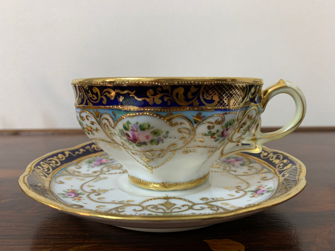 オールドノリタケ　ピンクローズとコバルト金彩お一人様ティーセット