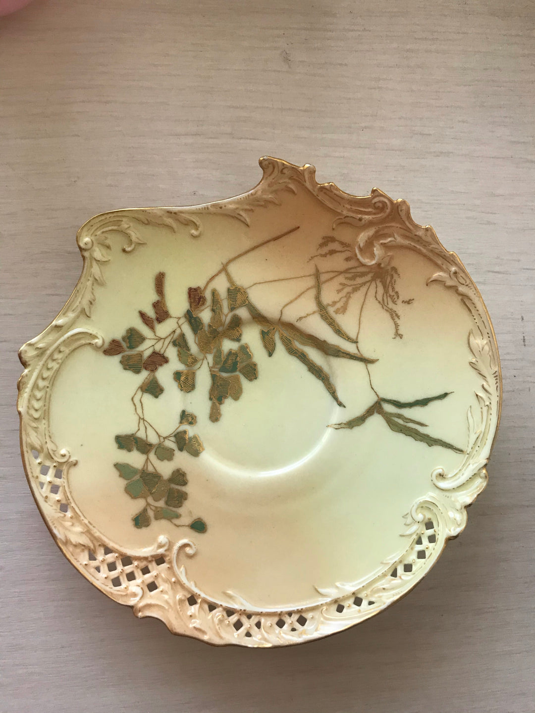 1890年代　アンティーク　ロイヤルウースター　アールヌーヴォーブラッシュアイボリー　網目模様　手描き絵付け　カップとソーサーのセット