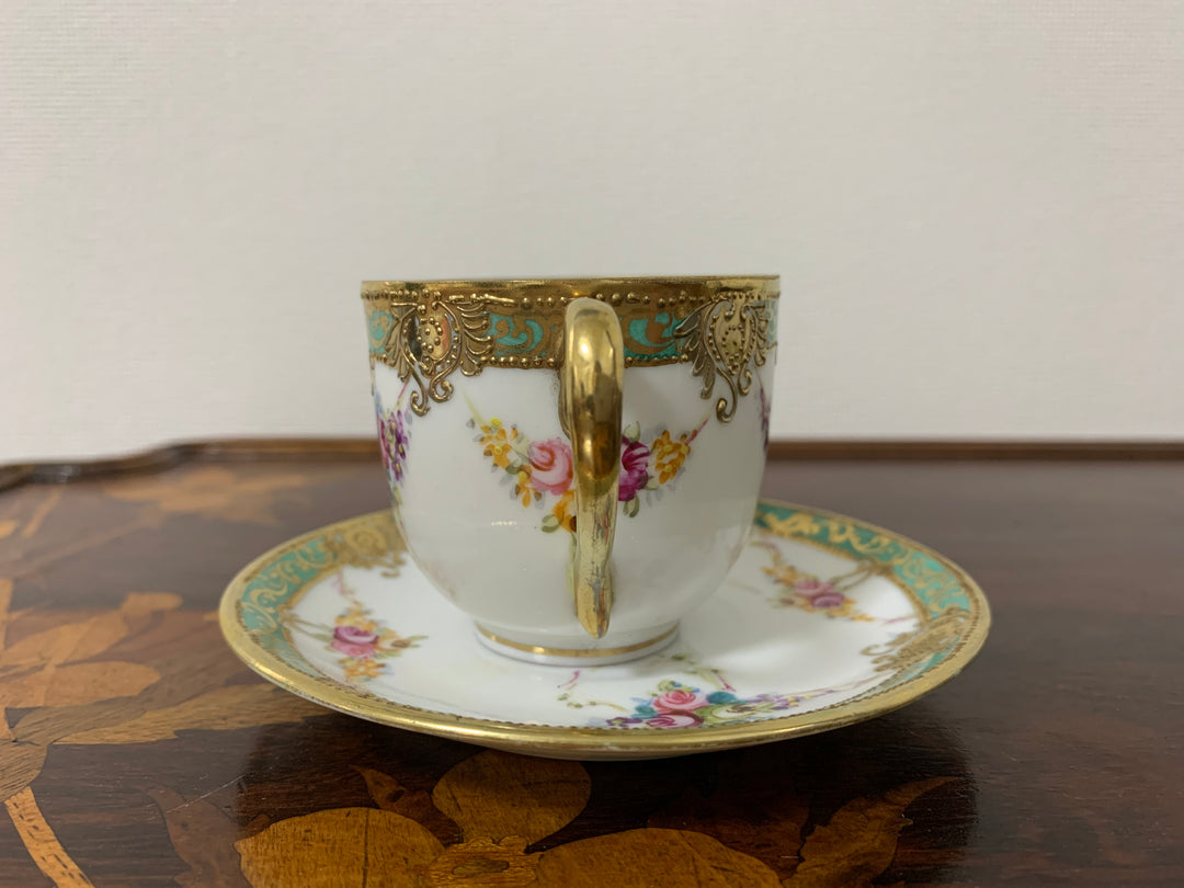 オールドノリタケ初期のマルキ印作品　ピンクローズのブルームのカップ＆ソーサー