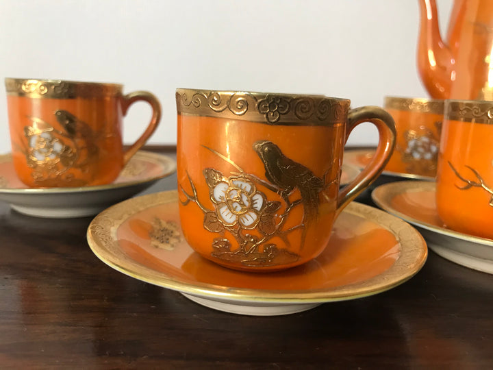 オールドノリタケ　朱色のラスターが使われたティーセット