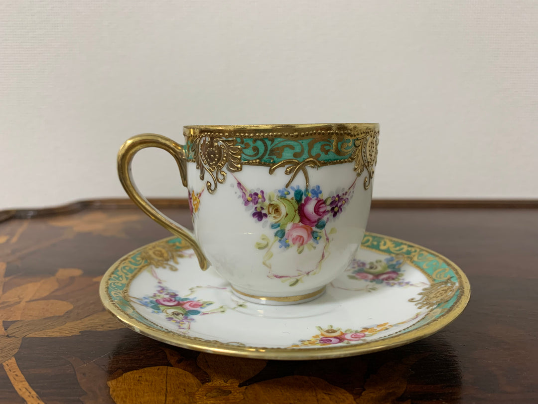 オールドノリタケ初期のマルキ印作品　ピンクローズのブルームのカップ＆ソーサー