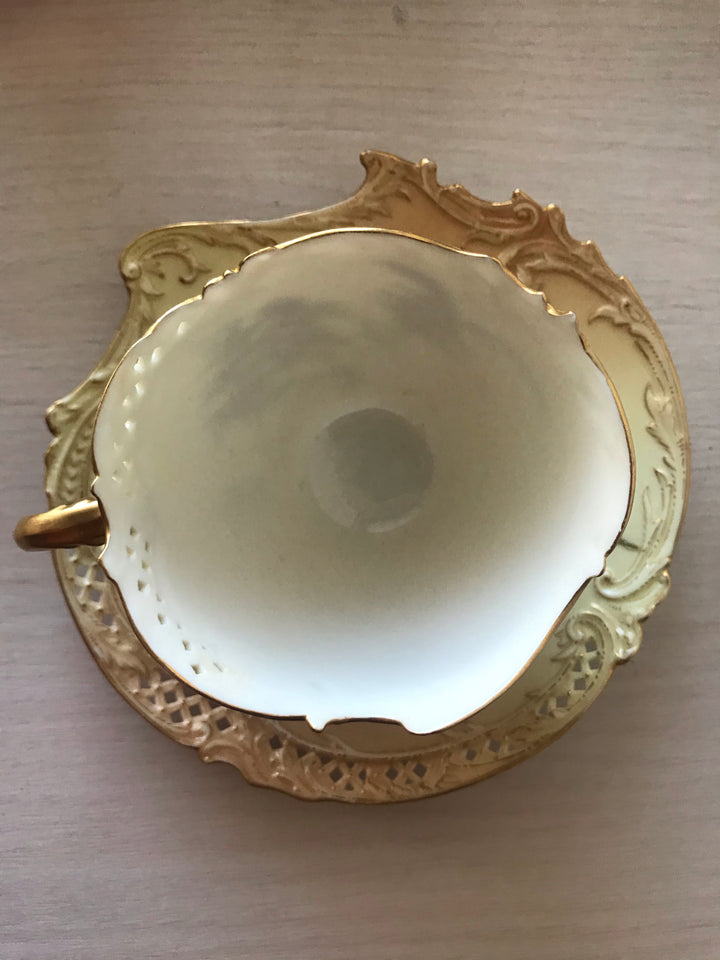 1890年代　アンティーク　ロイヤルウースター　アールヌーヴォーブラッシュアイボリー　網目模様　手描き絵付け　カップとソーサーのセット