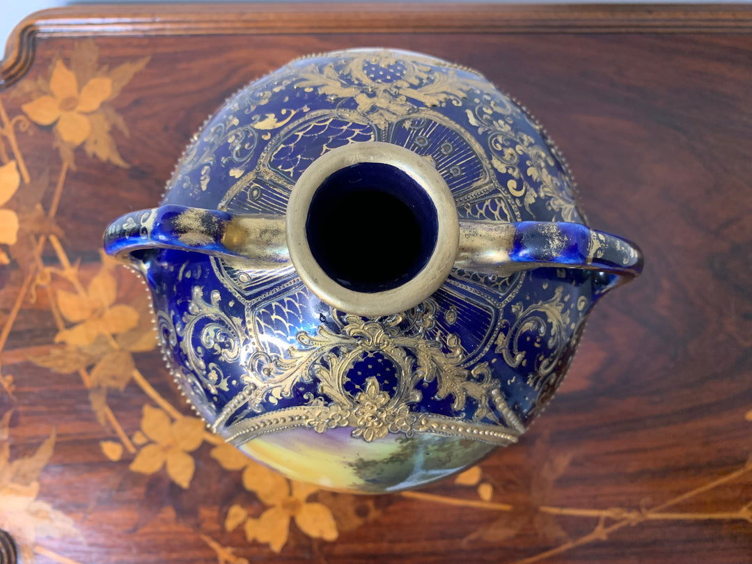 オールドノリタケ　コバルト地にスワン「白鳥」が描かれた花瓶