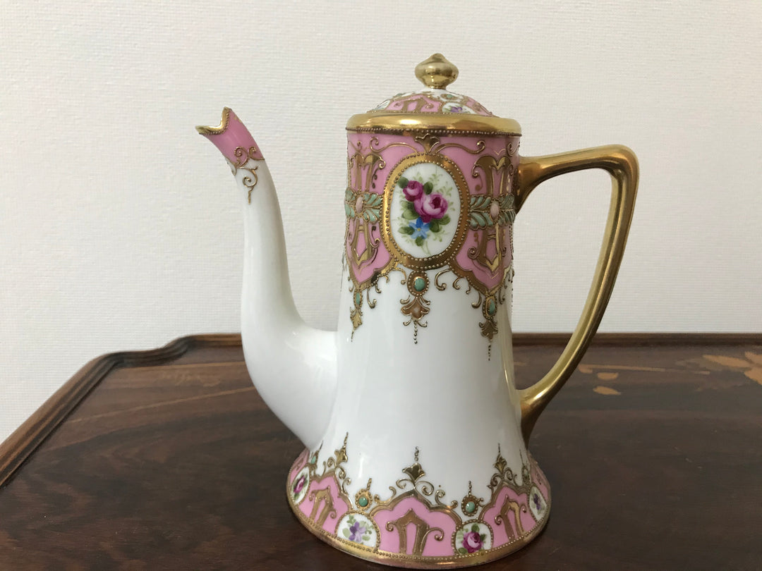 オールドノリタケ 金盛上 ピンクローズとターコイズジュエルの コーヒーポット