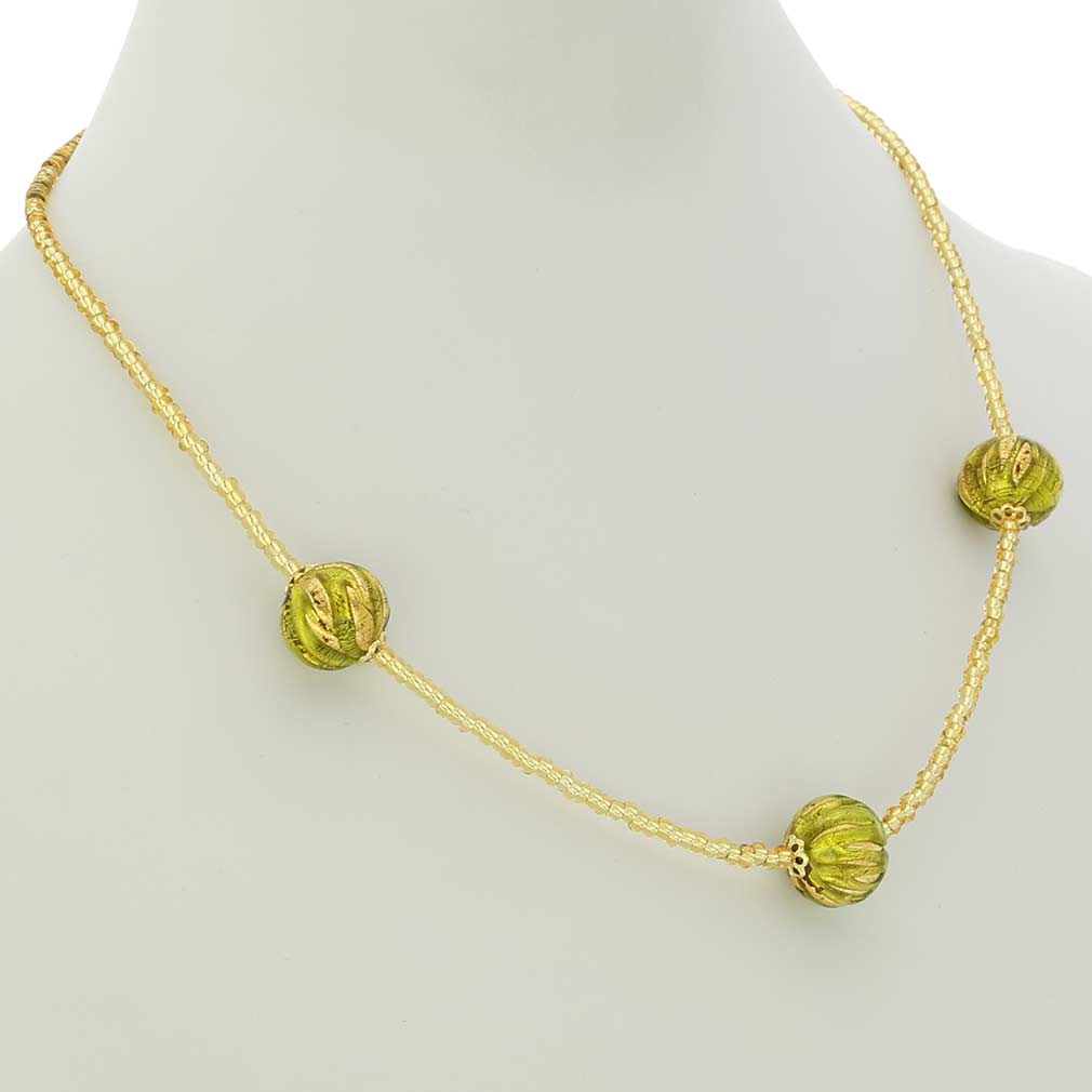 ベネチアングラス　ネックレス　ムラーノ　ロイヤル  ハーブグリーン　ボールネックレス