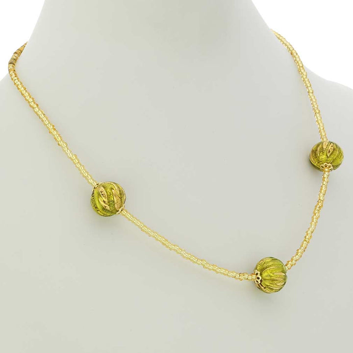 ベネチアングラス　ネックレス　ムラーノ　ロイヤル  ハーブグリーン　ボールネックレス