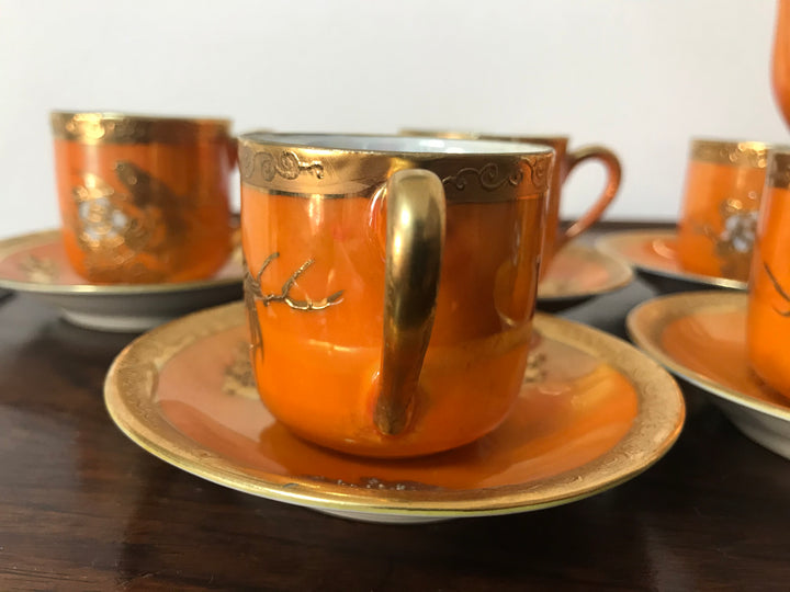 オールドノリタケ　朱色のラスターが使われたティーセット