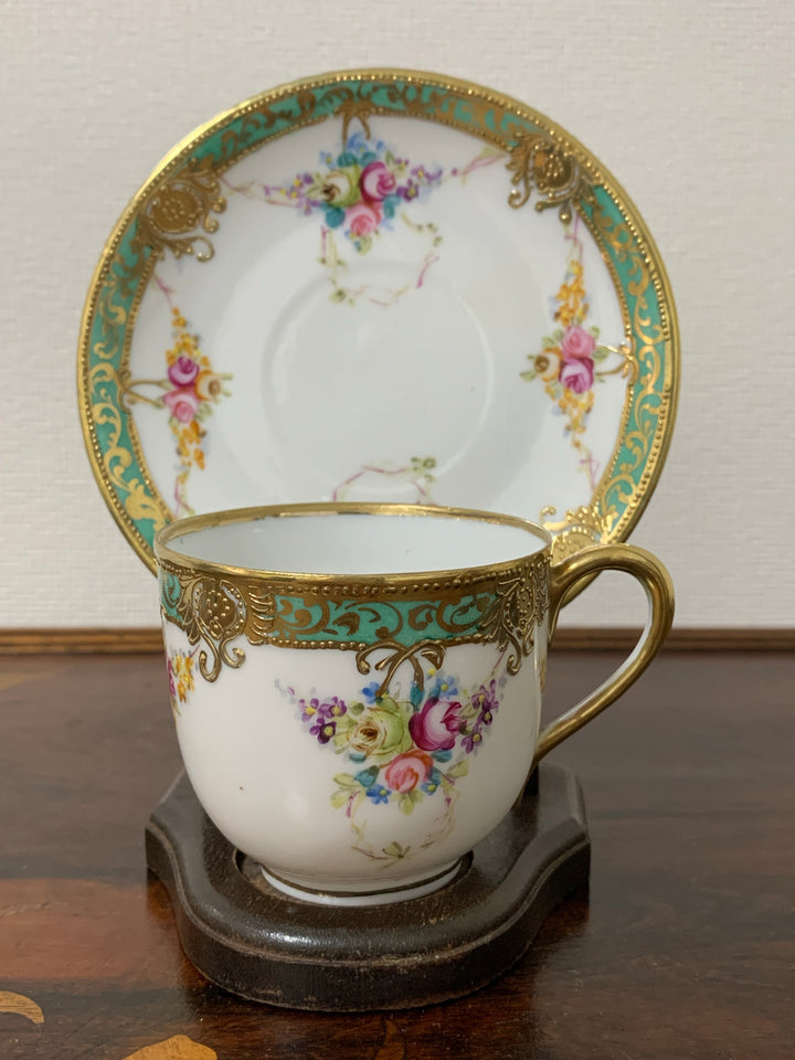 オールドノリタケ初期のマルキ印作品　ピンクローズのブルームのカップ＆ソーサー