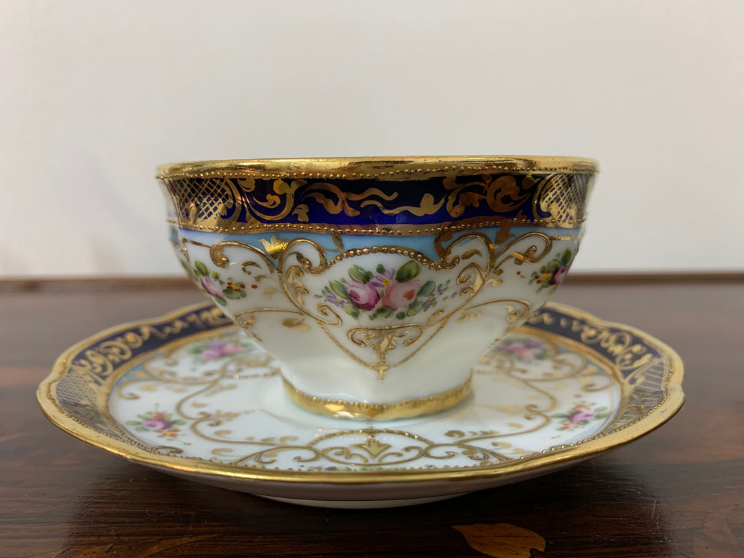 オールドノリタケ　ピンクローズとコバルト金彩お一人様ティーセット