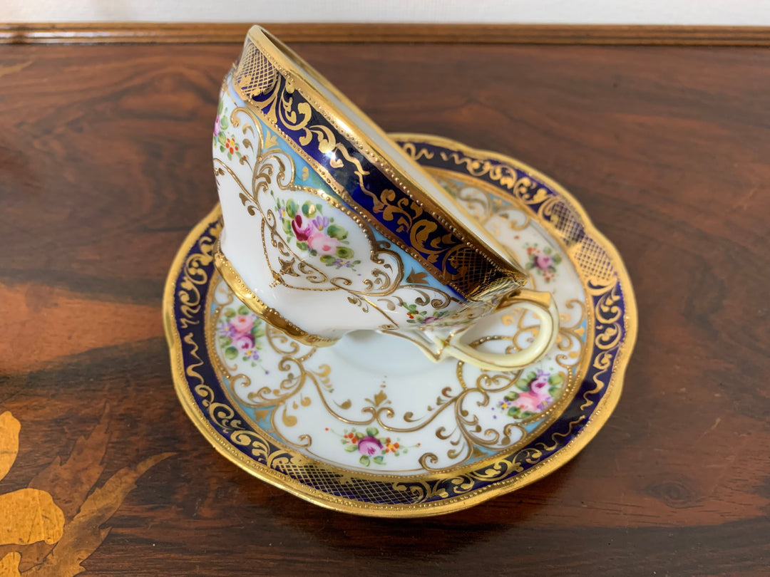 オールドノリタケ　ピンクローズとコバルト金彩お一人様ティーセット