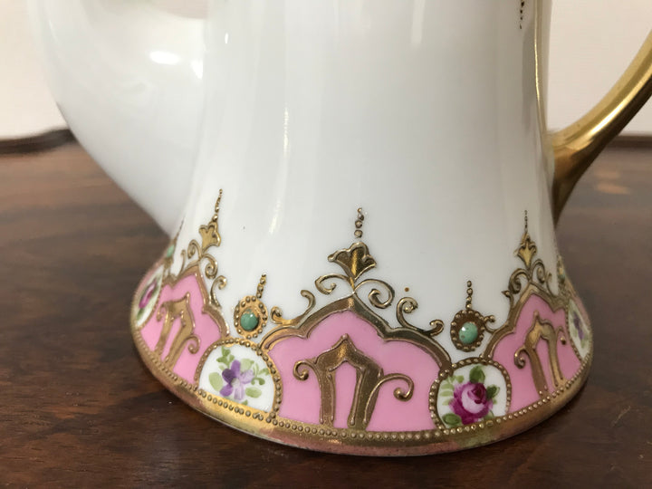 オールドノリタケ 金盛上 ピンクローズとターコイズジュエルの コーヒーポット