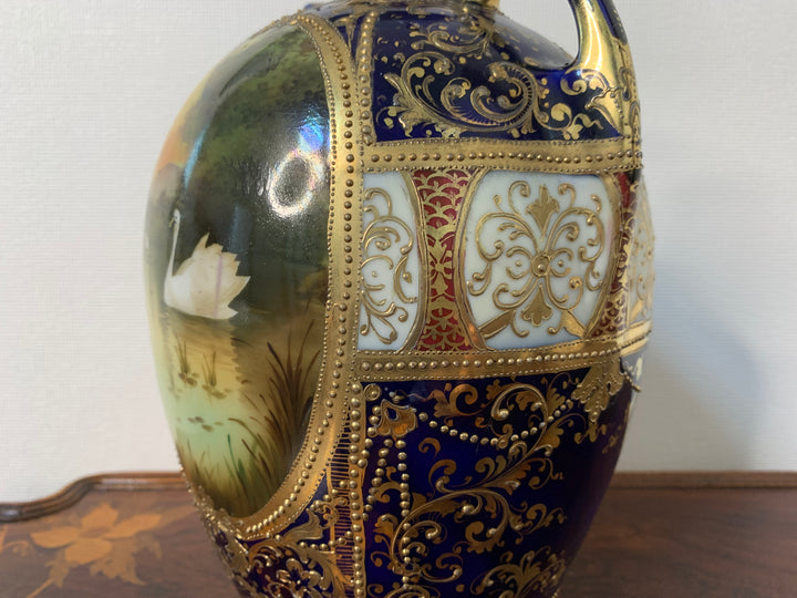 オールドノリタケ　コバルト地にスワン「白鳥」が描かれた花瓶