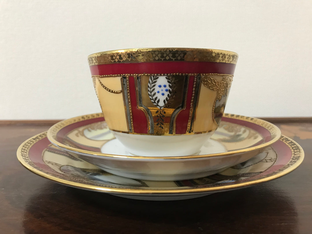 オールドノリタケ　茜色と風景が描かれたアールヌーボー紋様カップ＆ソーサーとプレートセット