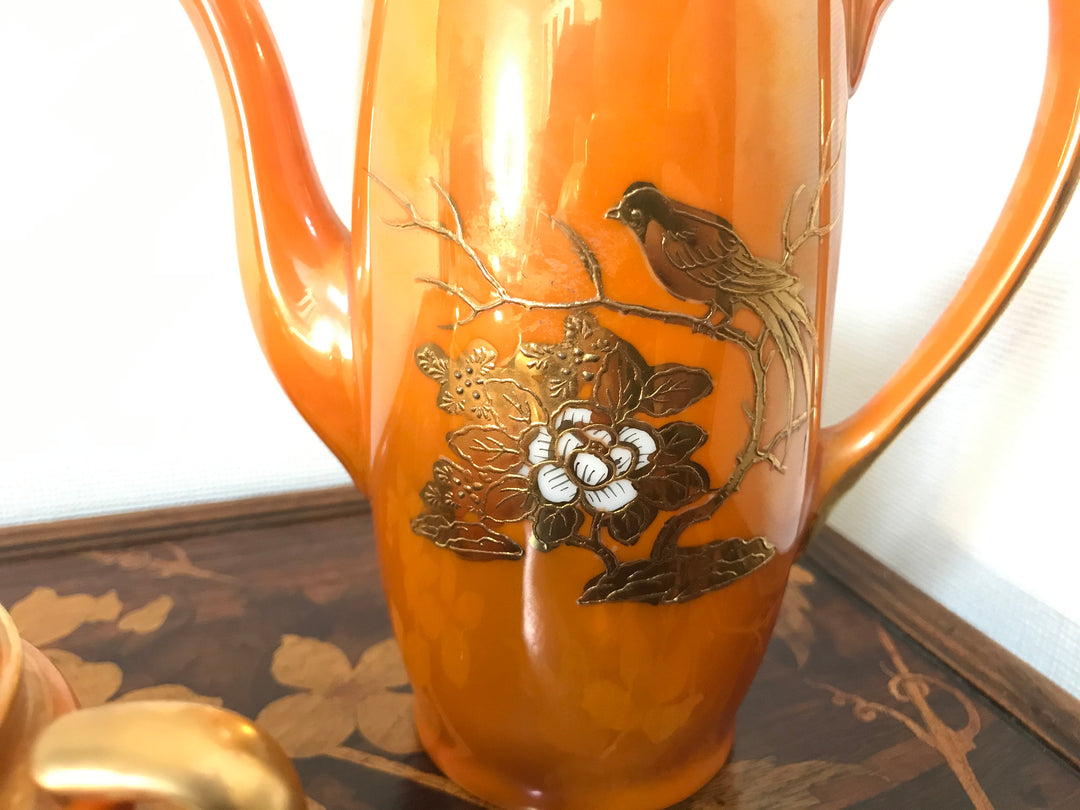 オールドノリタケ　朱色のラスターが使われたティーセット