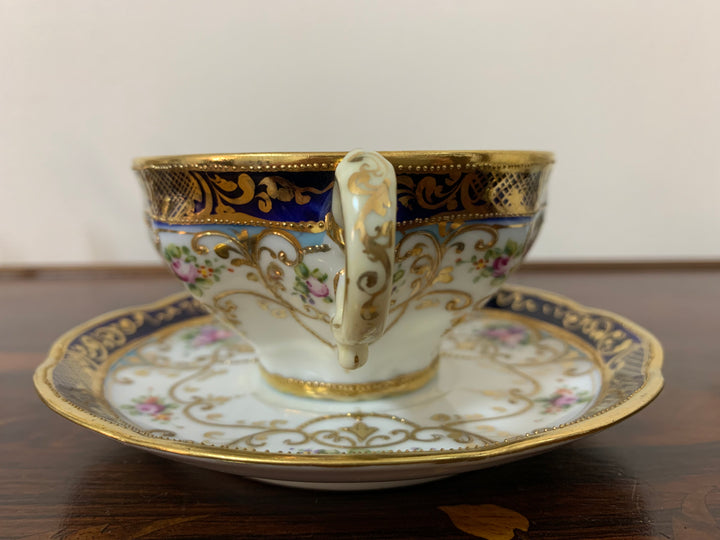 オールドノリタケ　ピンクローズとコバルト金彩お一人様ティーセット