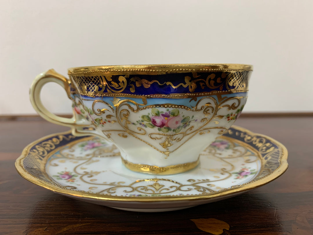 オールドノリタケ　ピンクローズとコバルト金彩お一人様ティーセット