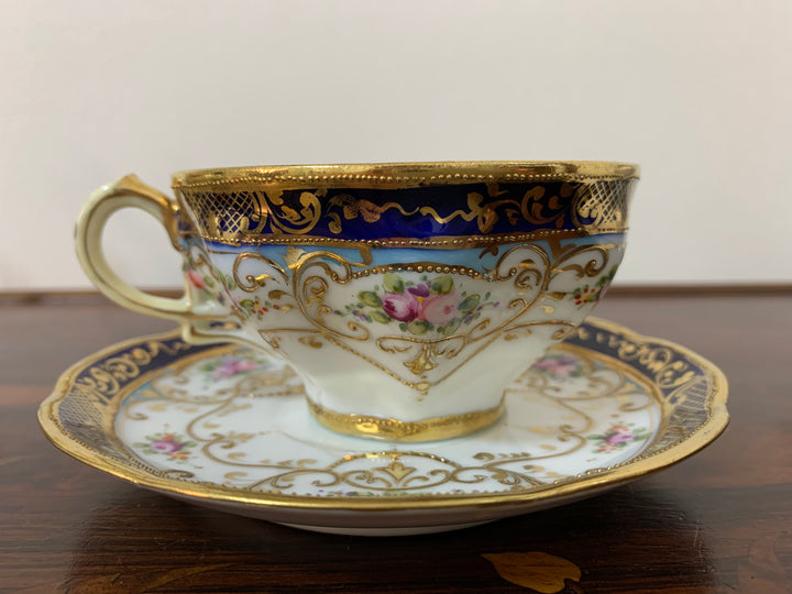 オールドノリタケ　ピンクローズとコバルト金彩お一人様ティーセット