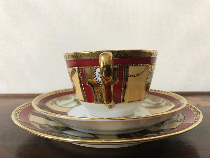 オールドノリタケ　茜色と風景が描かれたアールヌーボー紋様カップ＆ソーサーとプレートセット