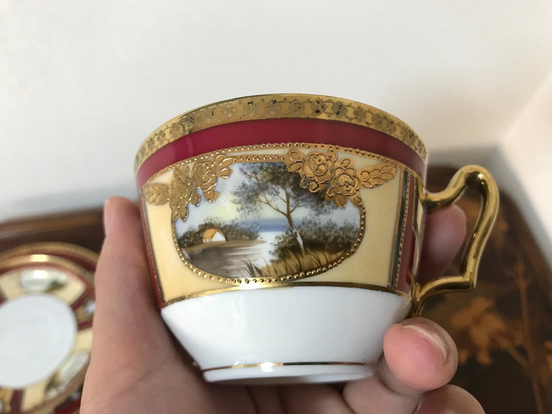 オールドノリタケ　茜色と風景が描かれたアールヌーボー紋様カップ＆ソーサーとプレートセット