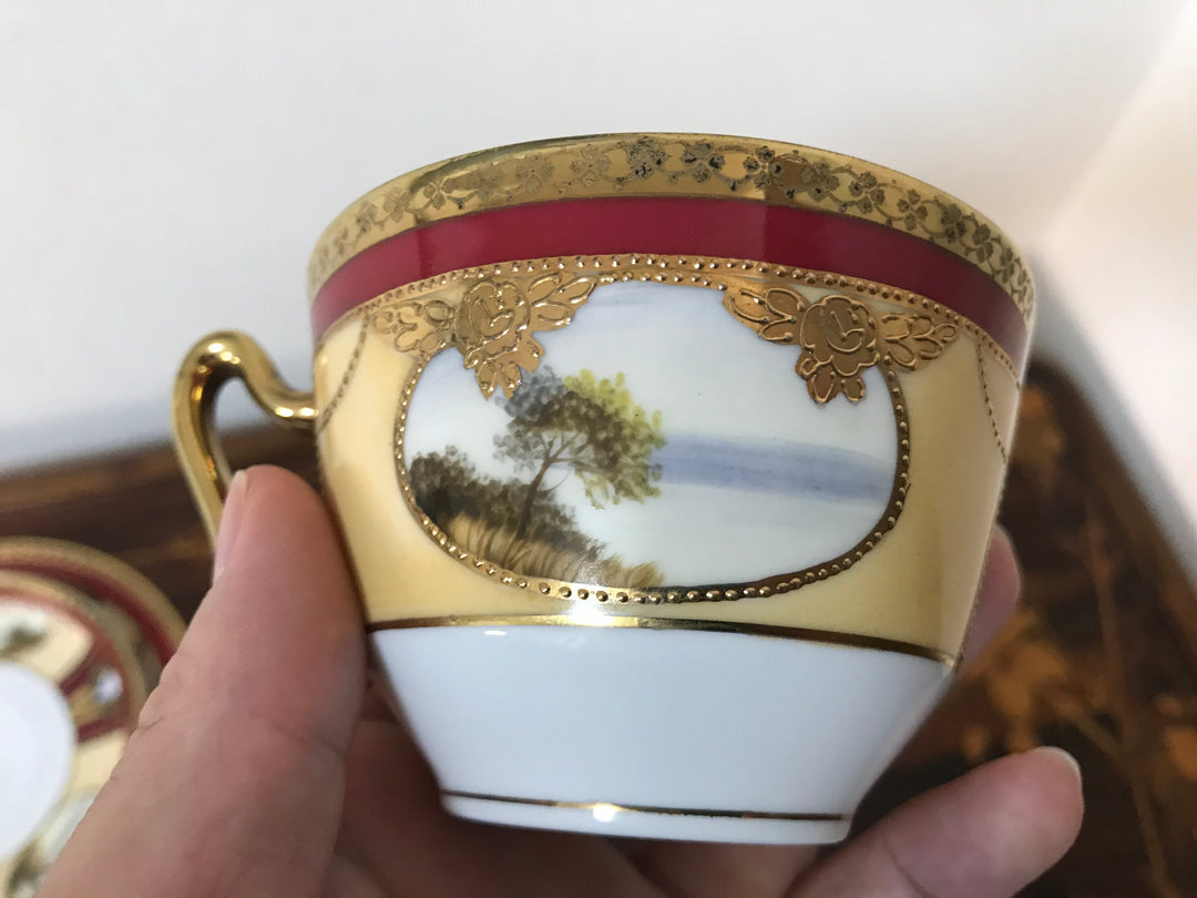 オールドノリタケ　茜色と風景が描かれたアールヌーボー紋様カップ＆ソーサーとプレートセット