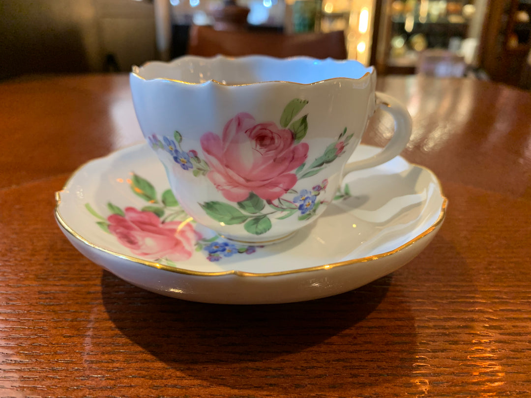 未使用✨マイセン ピンクローズ プレート20cm 皿 ピンク 花 Meissen 古マイセン／ピンクローズ レリーフ入り 深皿 3枚セット