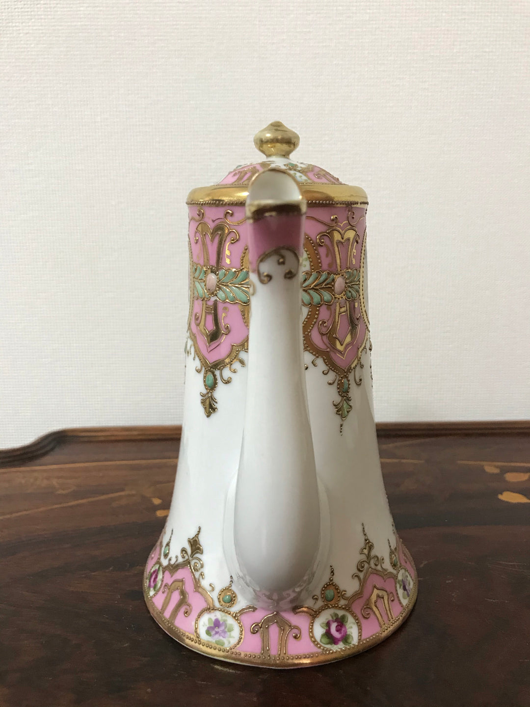 オールドノリタケ 金盛上 ピンクローズとターコイズジュエルの コーヒーポット