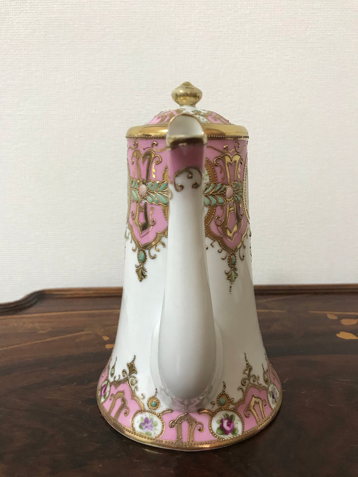 オールドノリタケ 金盛上 ピンクローズとターコイズジュエルの コーヒーポット