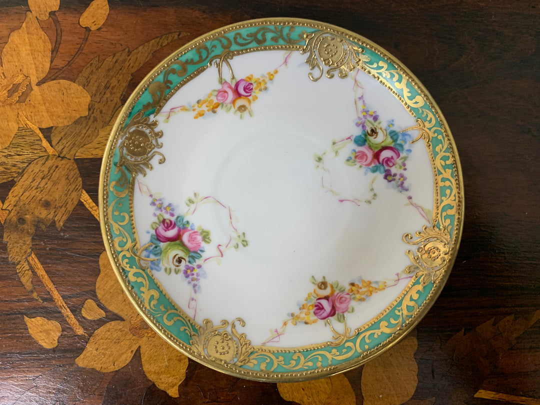 オールドノリタケ初期のマルキ印作品　ピンクローズのブルームのカップ＆ソーサー