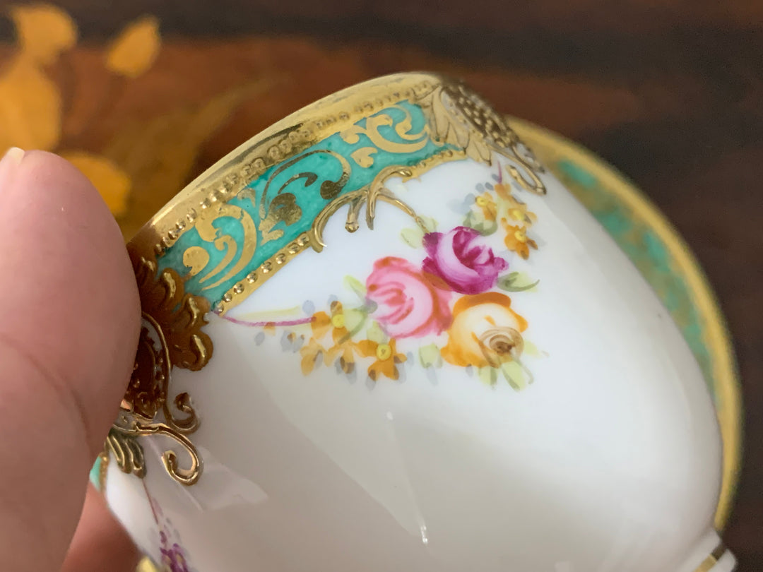 オールドノリタケ初期のマルキ印作品　ピンクローズのブルームのカップ＆ソーサー