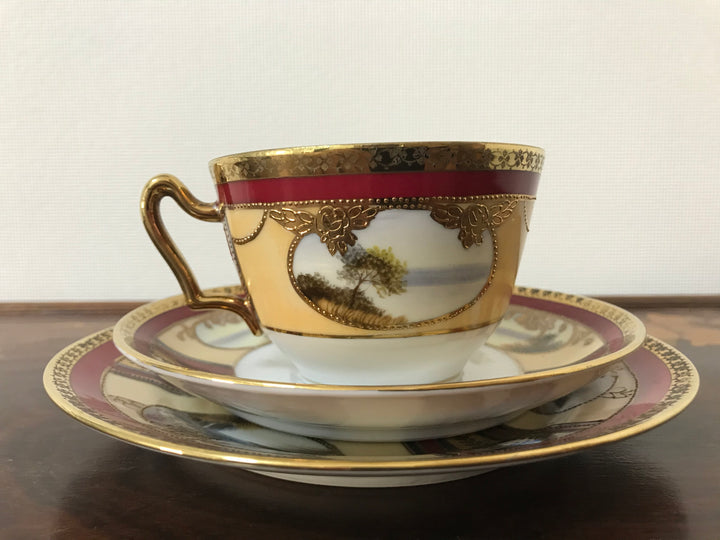 オールドノリタケ　茜色と風景が描かれたアールヌーボー紋様カップ＆ソーサーとプレートセット