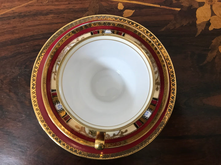 オールドノリタケ　茜色と風景が描かれたアールヌーボー紋様カップ＆ソーサーとプレートセット